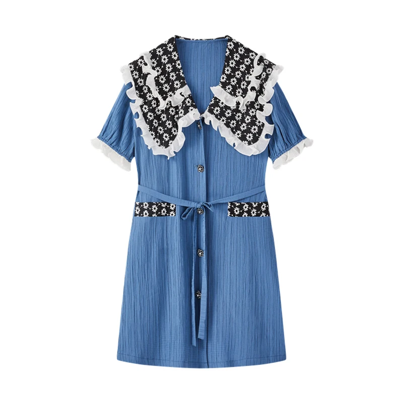 

GALCAUR Casual Blue Dress For Women Peter Pan Collar Short Sleeve High Waist Single Breasted Dresses Females Fashion Style