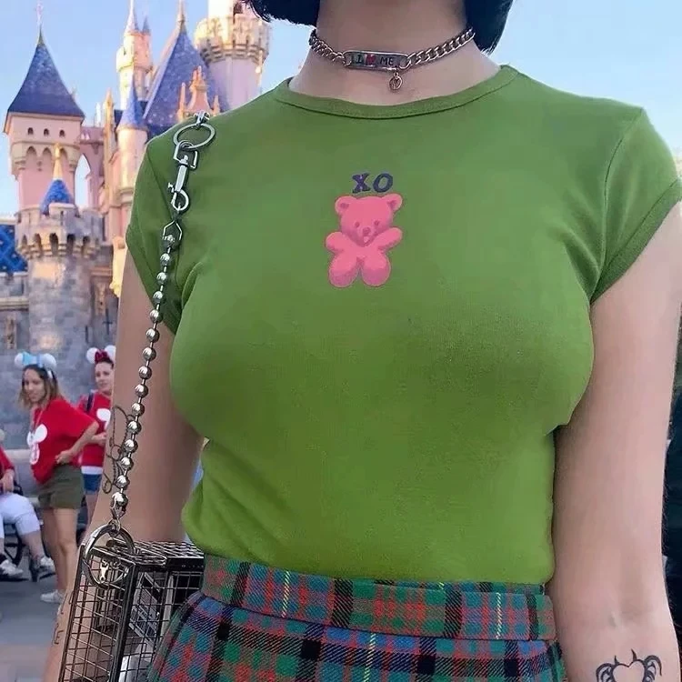 

Women Tshirt Top shirt clothes vintage clothing Bear Print Crop Tee Slim Fit Summer short sleeve T-Shirt Tee cotton T Shirt