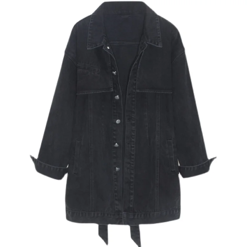 

Women Black Denim Windbreaker 2022 Spring Autumn new Korean Mid-Length Thin Jacket Loose Vintage Jeans Coat Female Clothes G1665