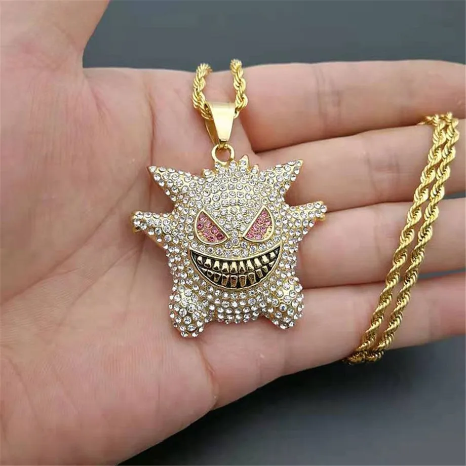 

Hip Hop Iced Out Ghost Pendant Necklace With Chain Stainless Steel Gold Color Men's Cubic Zircon Bling Jewelry Dropshipping