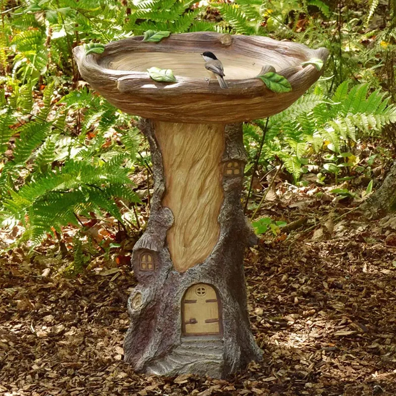 

Full-Size Fairy Garden Birdbath with Miniature Fairy House in A Tree Stump Hand-Painted All-Weather Wood-Look Resin DA