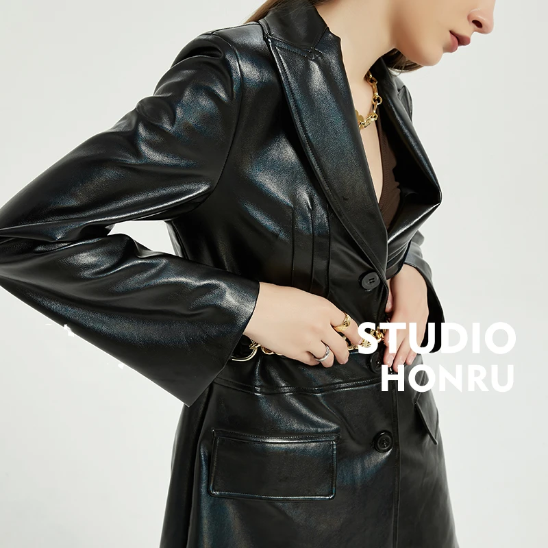 Autumn new leather suit jacket female chain belt faux leather jacket imitation sheep leather slim fashion simple coat for women