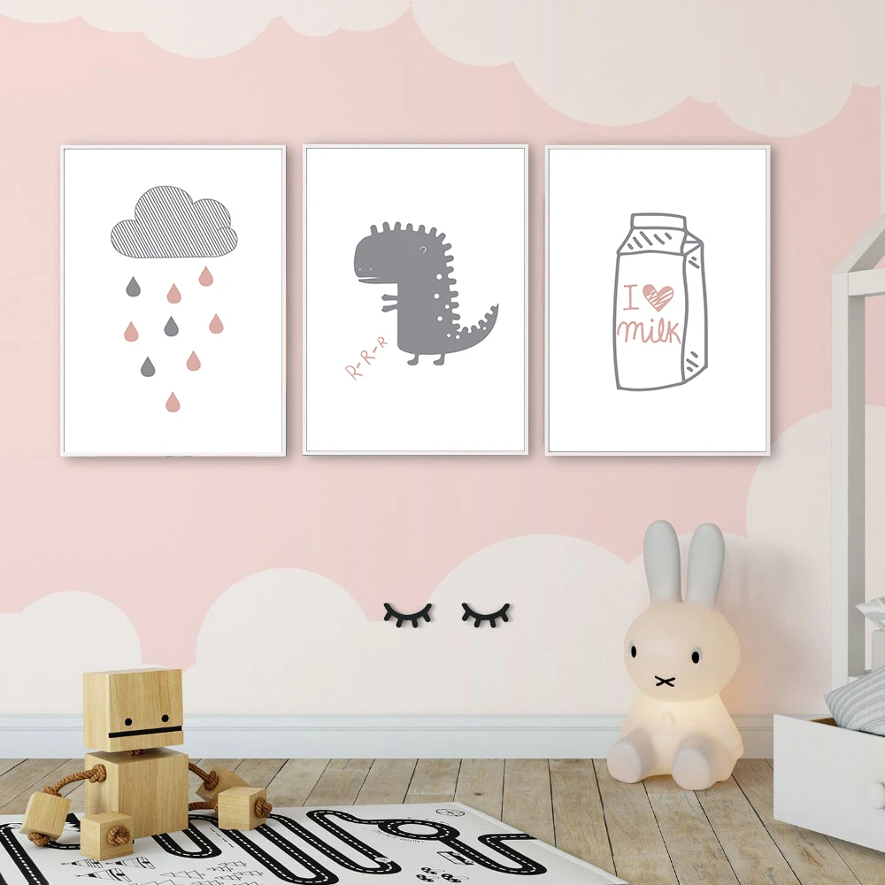Мультфильм розовый динозавр скандинавский постер холст постеры с облаками и