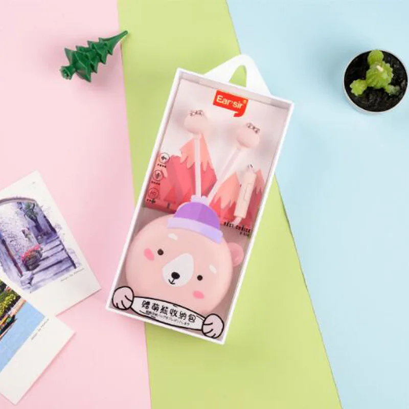 pink 3,5 мм Проводная коробка для хранения в виде животного медведя наушники-вкладыши унисекс наушники с микрофоном милый забавный подарок для xiaomi iphone huawei - Цвет: pink