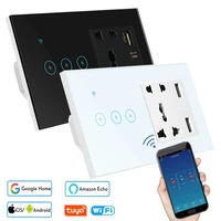 110v 220v 5 holes universal socket and 2 usb charging port wifi touch wall switch work with tuya smart life app voice control