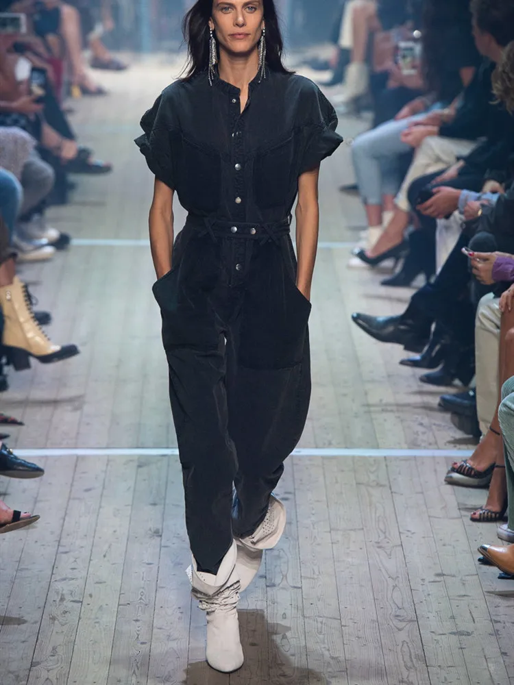 

Runway rompers Denim womens jumpsuit 2020 Streetwear Women Overalls Loose Batwing Sleeve Long Black jeans Jumpsuits B055