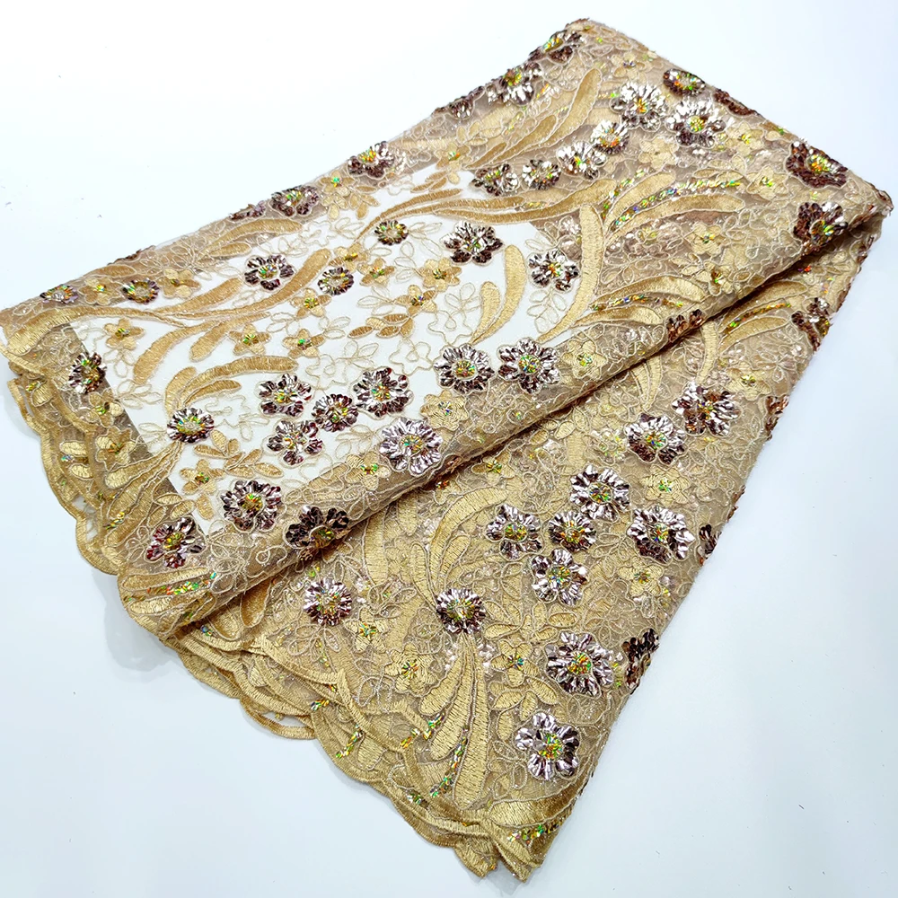 

Модная Золотая французская кружевная ткань 2022, Африканский шнур с вышивкой, сетчатая кружевная ткань с блестками для свадебного платья