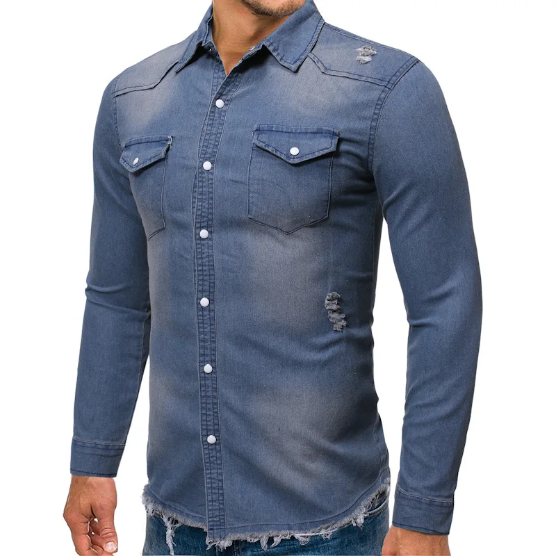 

Pop Men's Denim Vogue Shirts Casual Jeans Jackets Long Sleeve Pocket Slim Fit Button Autumn Solid Color Turn Down Collar Pops