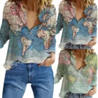 Женская блузка с лацканами, рубашка на пуговицах, с принтом карты мира, с длинным рукавом, Свободный Повседневный Топ, Осенний универсальный модный женский топ, 2022