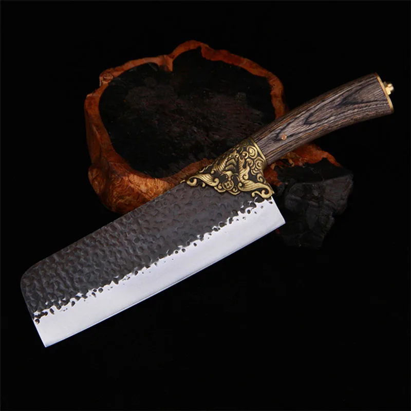 

Longquan 7.5 Inch Fixed Blade Knife Slicing Cleaver Nakiri Female Knife Handmade Forged Steel Kitchen Knives Copper Decor Handle