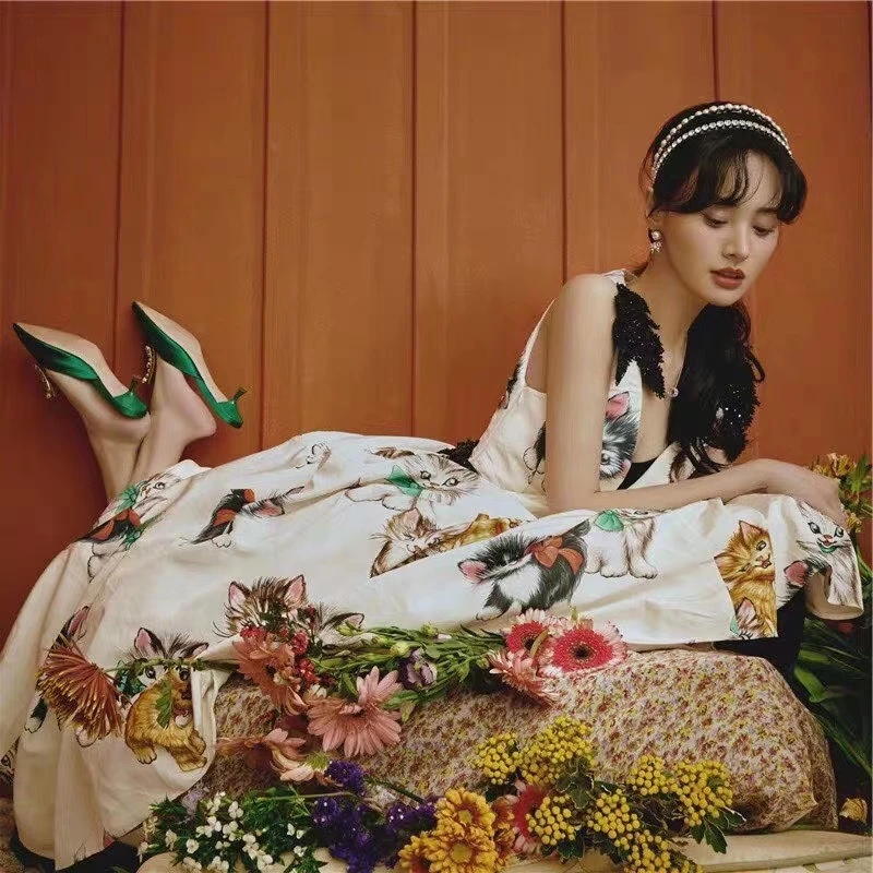 

Princess Dress Lady V neck Sleeveless Bows Beaded Cat Print Midi Tank Dress 2021 High Quality Women Tunic Party Dress