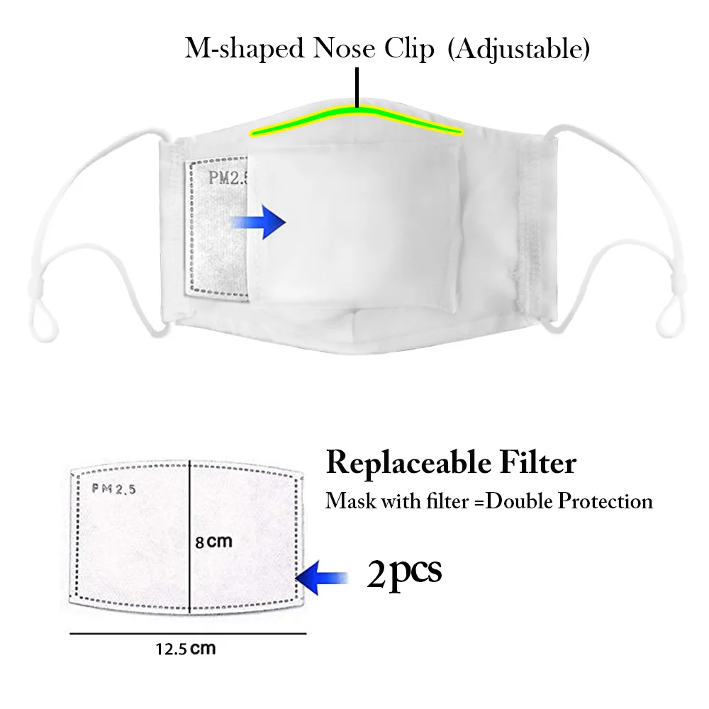 

5 Pcs Fashion Reusable Protective PM2.5 Filter Printing Mouth Mask Anti Dust Face Mask Windproof Mouth-muffle Bacteria Proof Flu