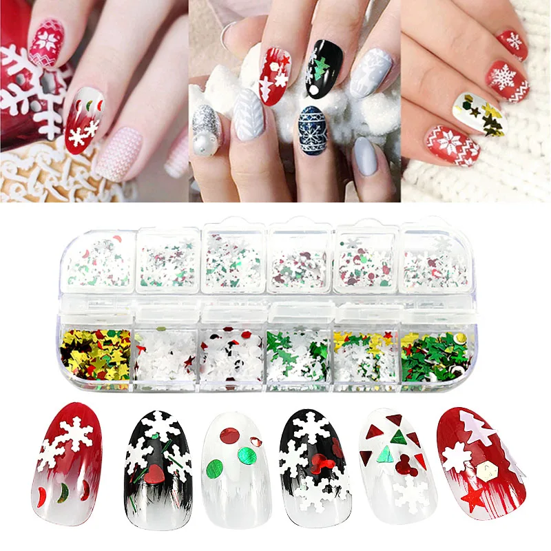 12 Сетки Шарм 3D ногтей хлопья Снежинка Дерево Форма лазерные блестки