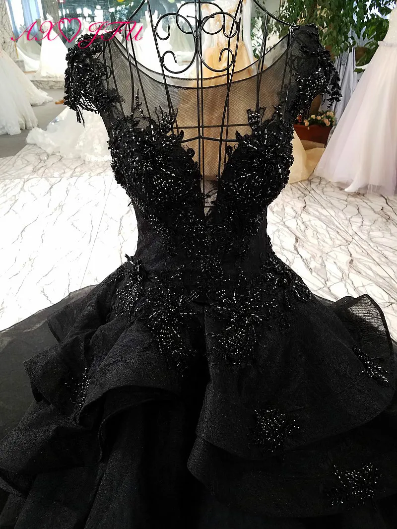 AXJFU Роскошная принцесса черный кружевной цветок хвост свадебное платье Винтаж О образным вырезом бисером кристалл черный кружевной хвост свадебное платье 314YS