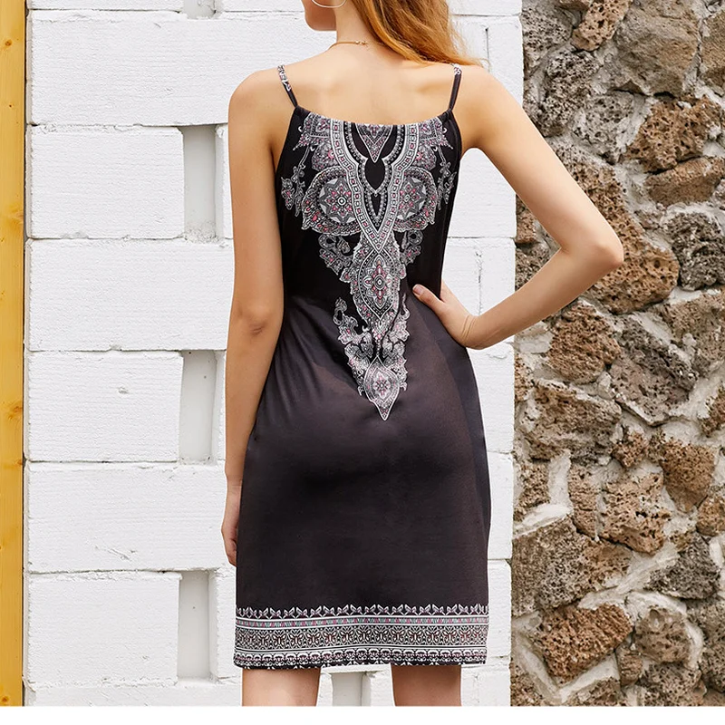 

Ladies Sling 2021 Bohemia Print Dress Summer Sling Sleeveless Slim Short Skirt A-Shoulder Off Shoulder Dress Vestido De Mujer