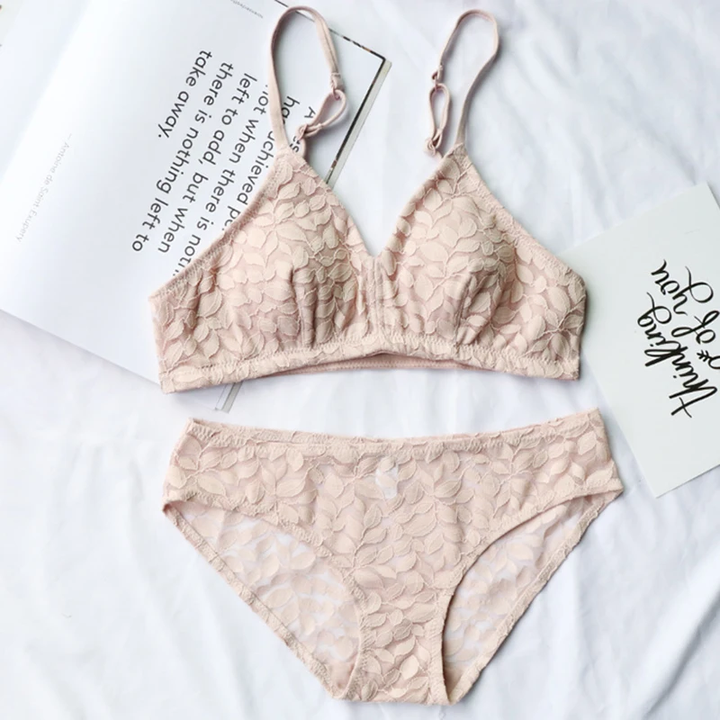 Кружевной треугольный бюстгальтер с узором в виде листьев тонкий комплект