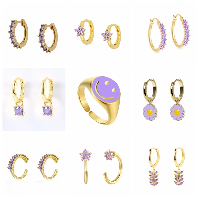 

Sterling Silver Earrings for Women Purple Smiley Earrings Dangle Ear Piercing Pendientes Mom Gift 2021 Trend Vintage Luxury