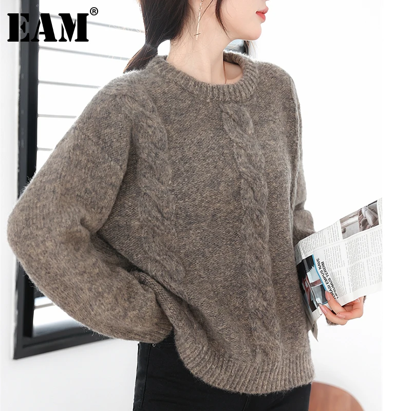 

[EAM] коричневый большой размер вязаный свитер свободный крой круглый вырез длинный рукав женские пуловеры новая мода осень зима 2021 1DE4262