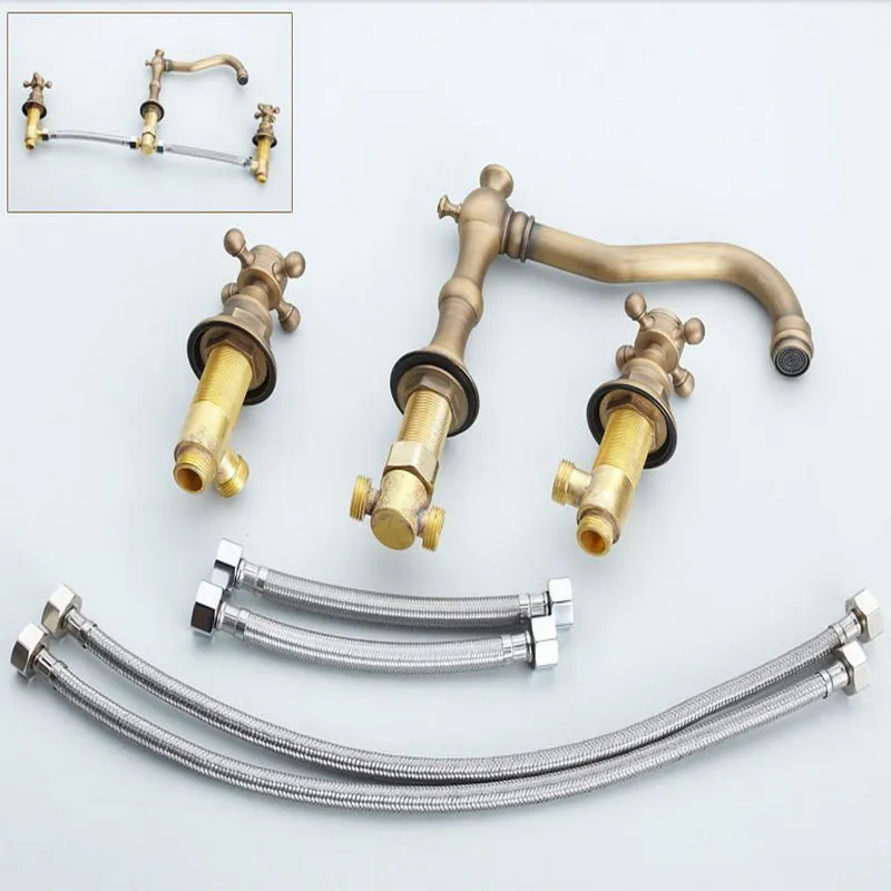 Античный латунный Смеситель для раковины с двумя поперечными ручками 3