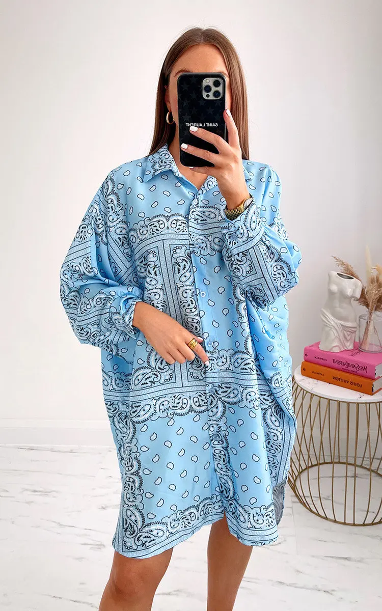 Женское платье-рубашка с принтом бандана Повседневная Блузка длинным рукавом и