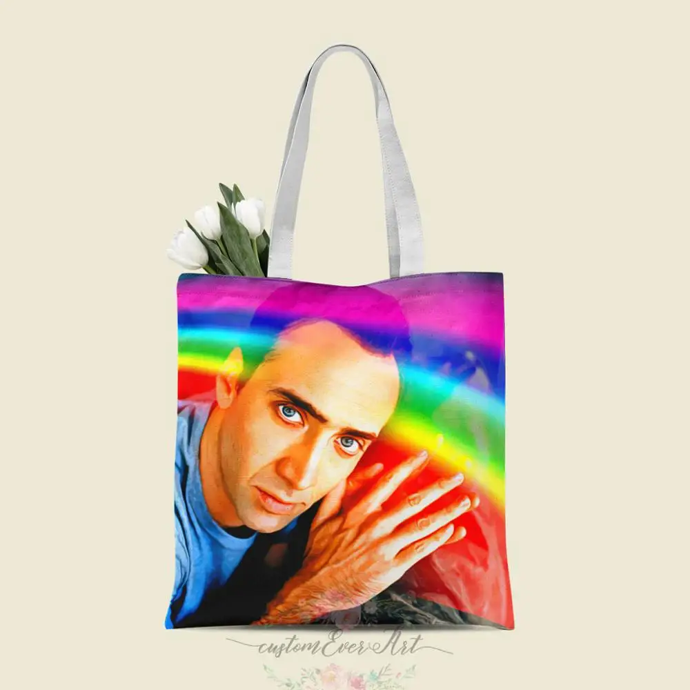 

Nicolas Cage rainbow tote bag custom canvas tote bags for women for teacher Birthday Bags Gift Bag personalized gifts