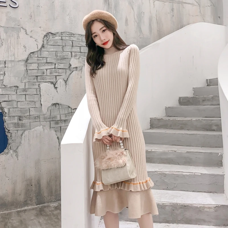 Корейское платье-свитер Модные женские вязаные платья элегантные