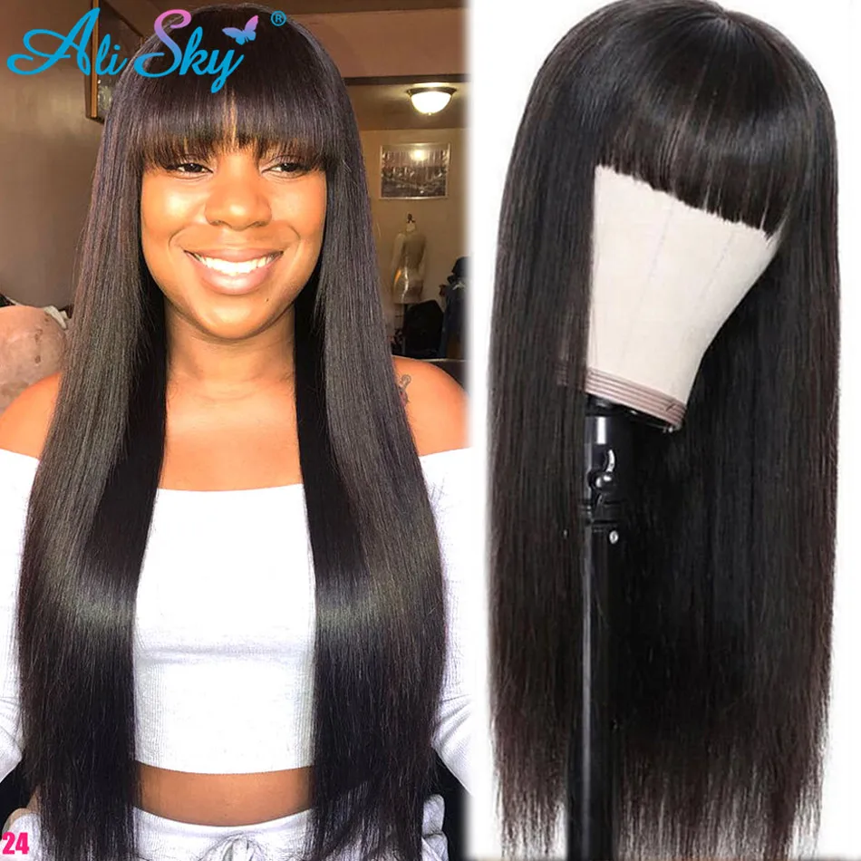 Парик AliSky из прямых человеческих волос с челкой парик полностью машинной работы