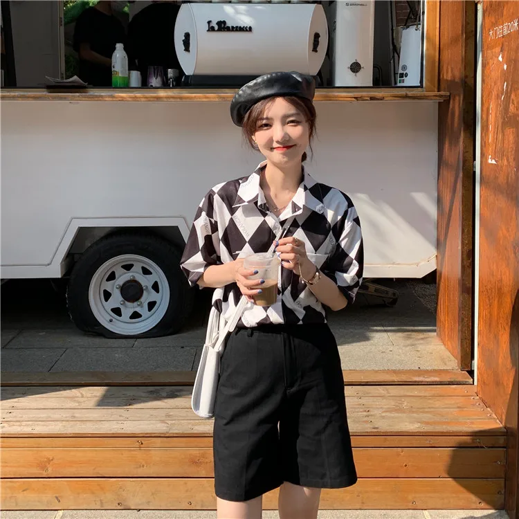 

Houthion Chiffon Loose Women's Blouses Buttons Polo Shirt Summer New Casual Blusas Fashion Short Sleeve Top Lattice