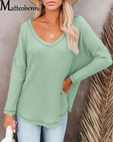 2021 spring and autumn loose waffle t shirt new irregular solid color tee v neck long sleeve womens tops hot style casual tops