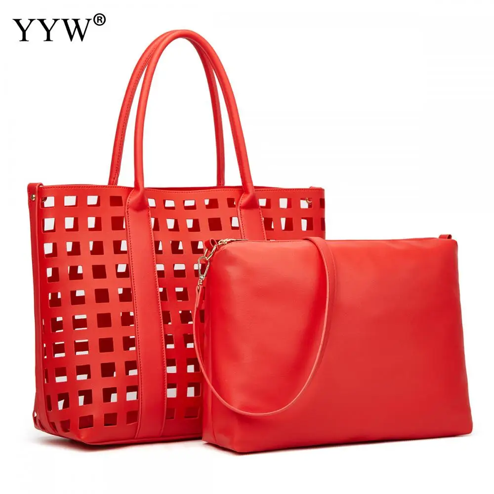 

PU Leather Bag Sets Hollow Design Women's Branded Trending Shoulder Handbags Solid Color Shopping Shoulder Bags Female Totes