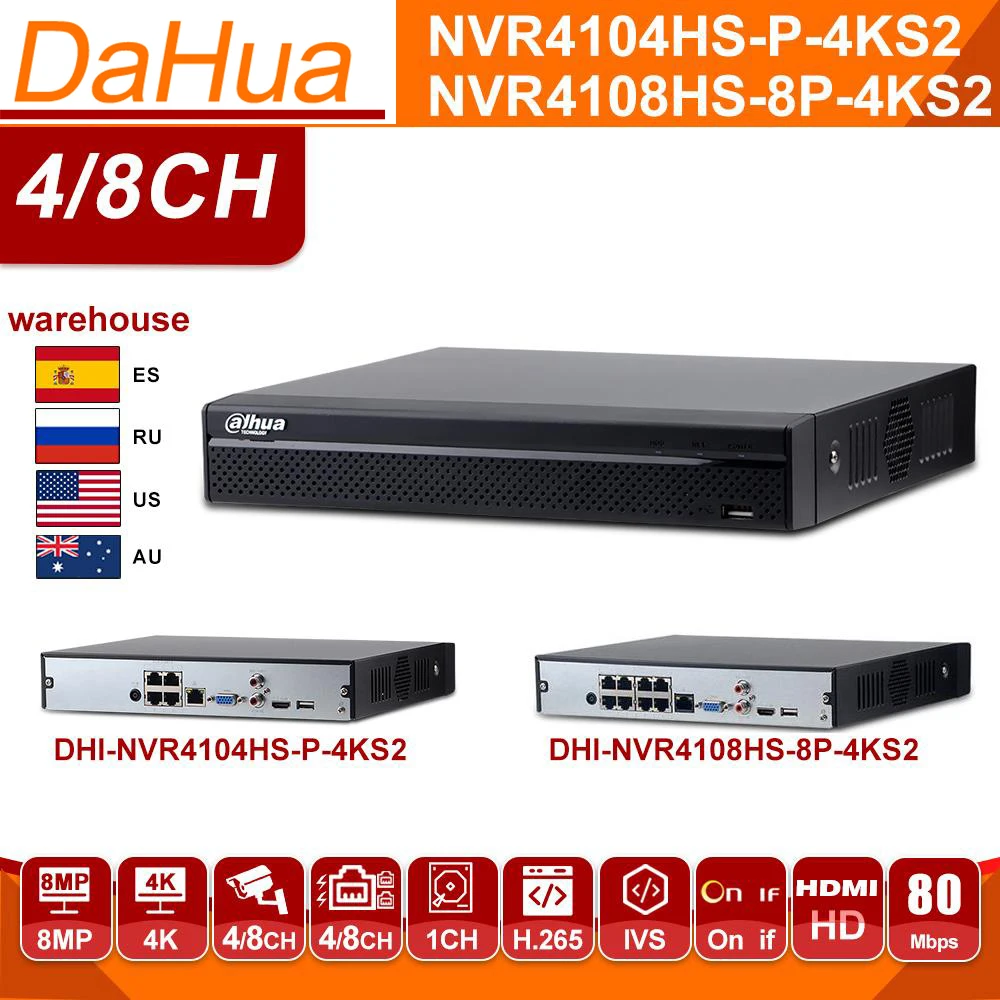 

Original Dahua NVR NVR4104HS-P-4KS2 NVR4108HS-8P-4KS2 4/8 CH NVR POE 4K Network Video Recorder with IVS HD 8MP for IP Camera