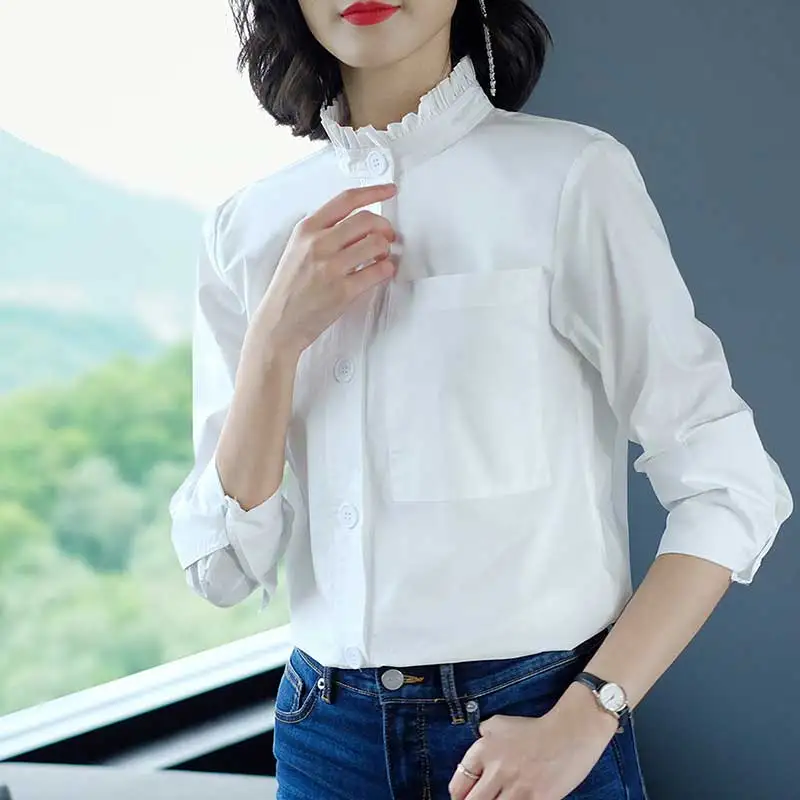 Женские блузки с длинным рукавом и оборками белая рубашка блуза Женская