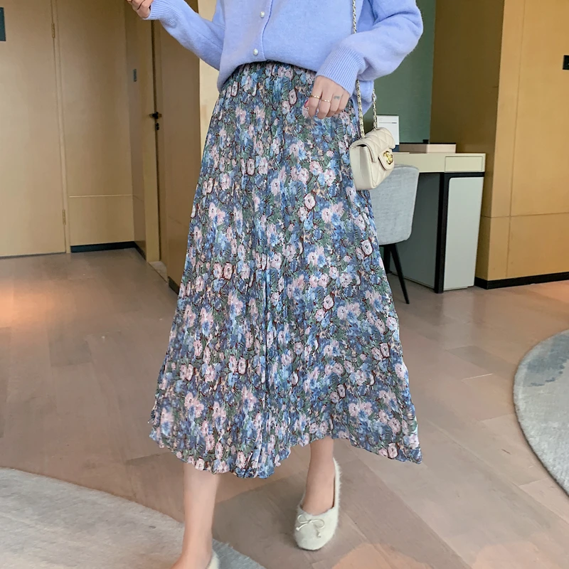 

Summer Skirts Women 2021 New Vintage Floral Print Chiffon Pleated Faldas Elastic High Waist Casual Midi Shein Women Clothes Jupe