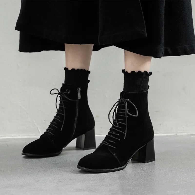 

MEMUNIA 2020 new arrive thick heel ankle boots women shoes suede leather cross tied zip autumn winter dress office shoes woman