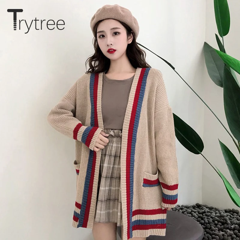 Trytree Winter Women Casual Sweater V-neck Knitting Patchwork Cardigans 4 Colour Fashion Computer Knitted Loose |