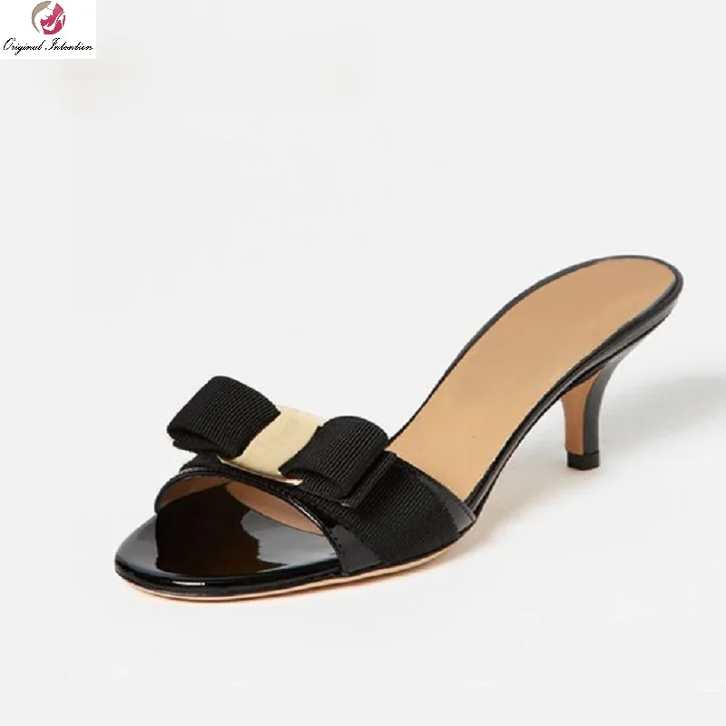 

Original Intention Summer Clogs Black Nude Slides Sandals Mules Ladies Shoes Cute Bow Patent Leather Woman Plus US Size 4-16