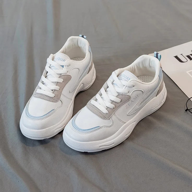 

Lace-Up Women Casual Skateboard Shoes Thick Sole Light Breathable Flat Walking Non-slip Increase Height Slim Sport Sneakers