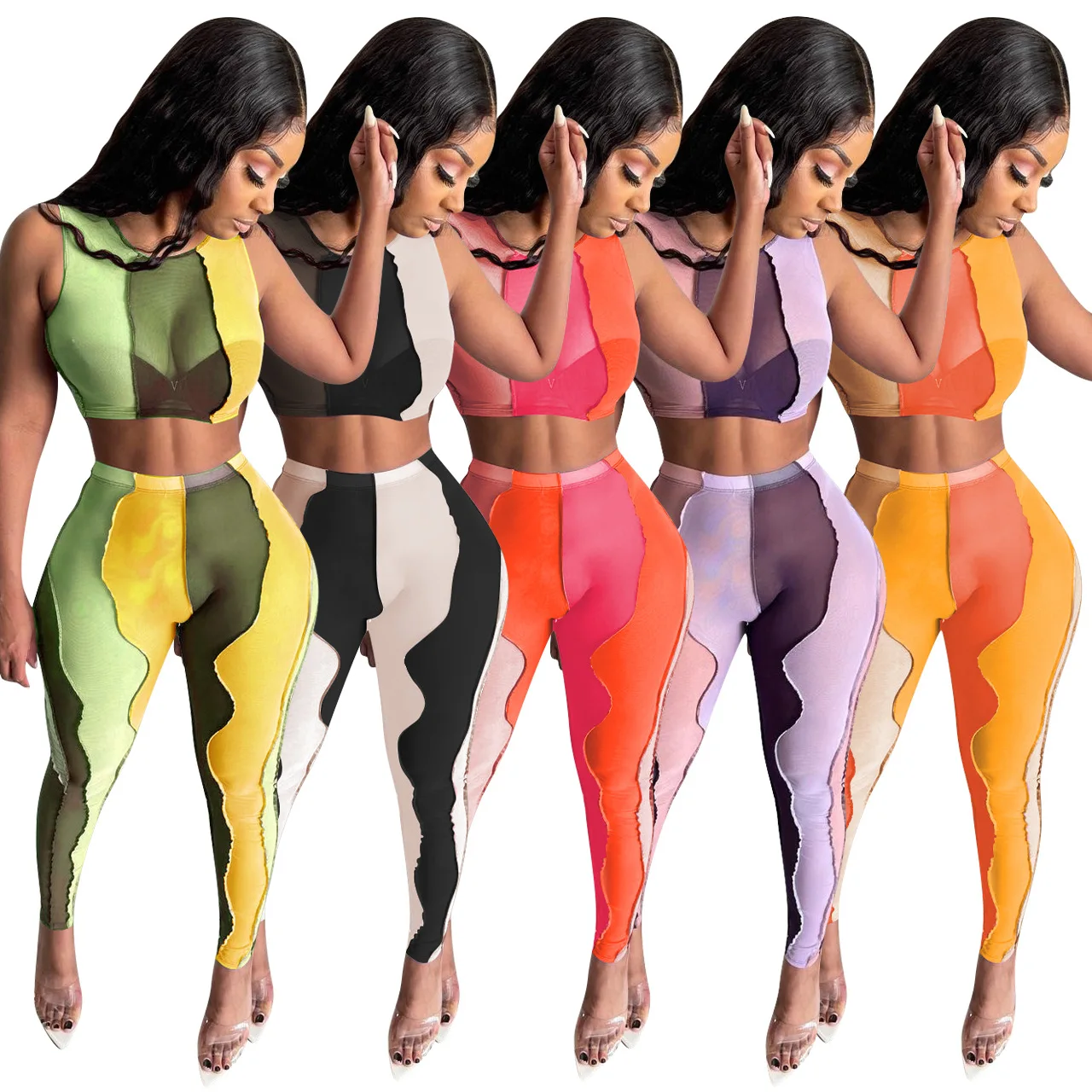 

Sheer Mesh Color Patchwork Crop Top Legging Pants Set Tracksuit Sexy Skinny Bodycon Matching Set Party Clubwear Outfits 2021