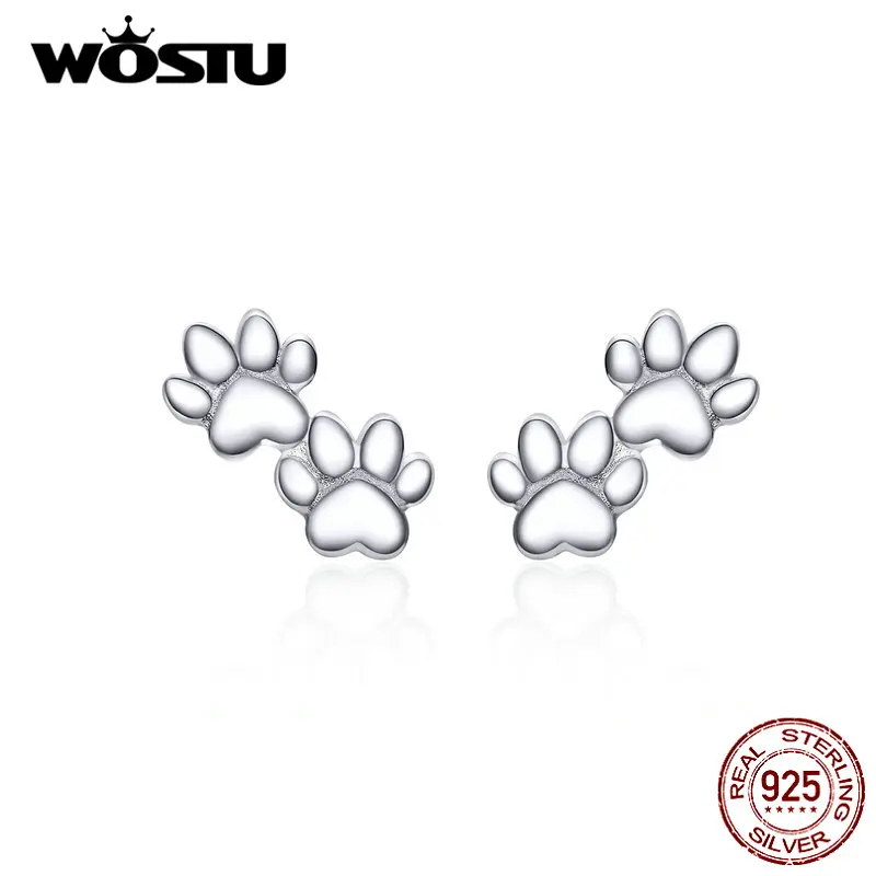 

WOSTU Footprint Stud Earrings 925 Sterling Silver Paw Dog Animal Zirconia Small Earrings For Women Original Silver 925 Jewelry