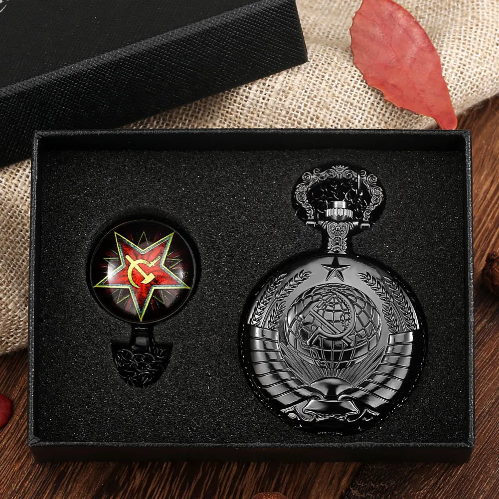 Black Quartz Pocket Watch for Men Communist USSR Badge Pendant Necklace Fob Watch CCCP Sickle Hamme Pocket Watch Gifts for Men