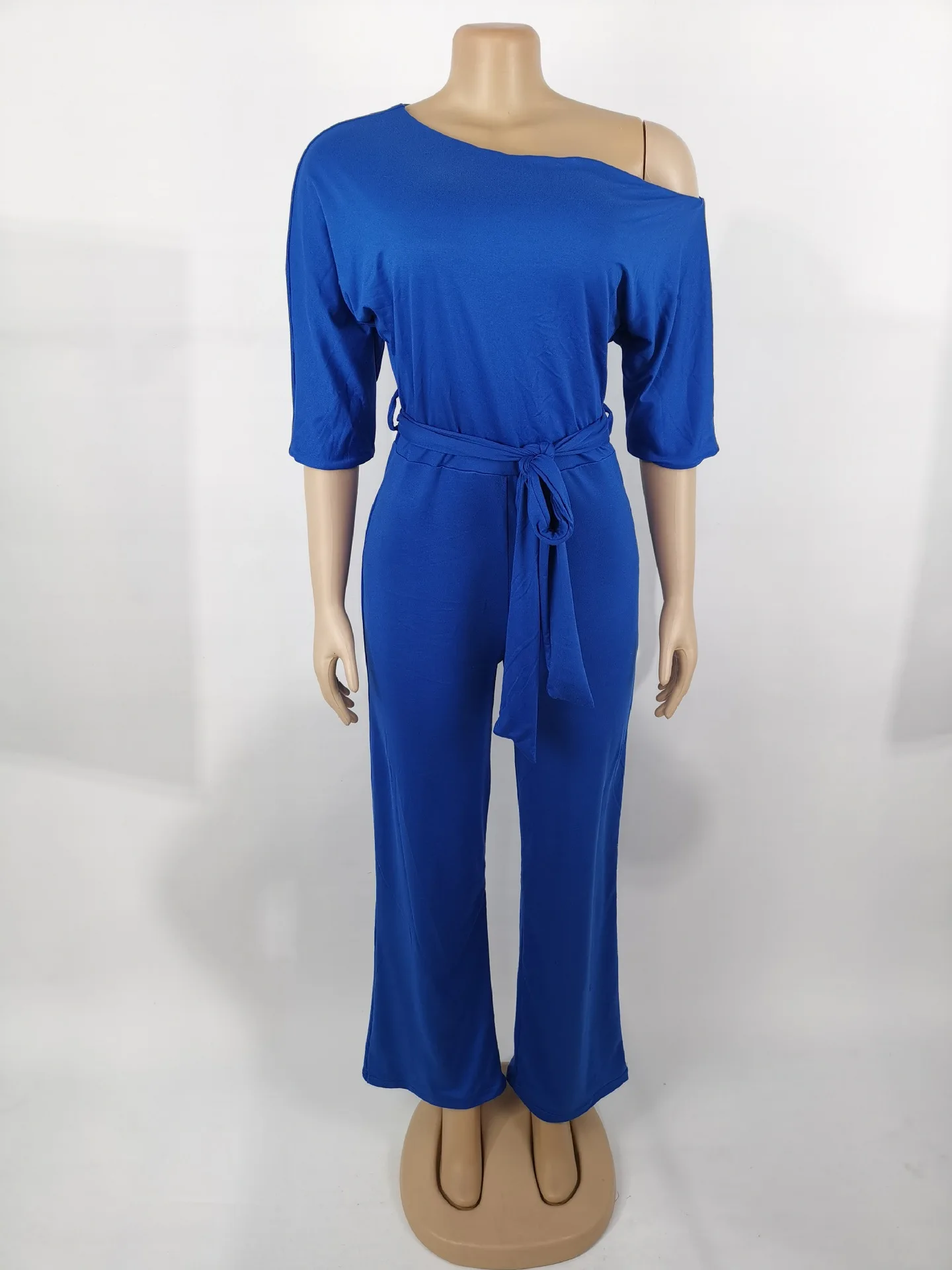 

Sloping Shoulder Bazin Rich African Dashiki American Clothing Solid Color Elastic Wide Leg Pant Women Jumpsuits Africa Clothes