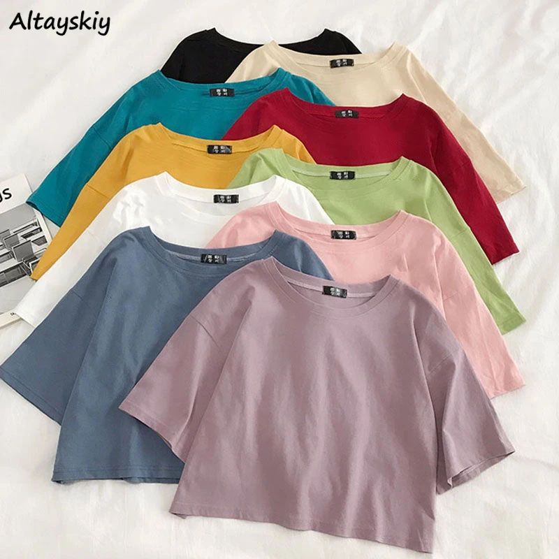Женские футболки 10 цветов однотонный короткий топ Ulzzang женская летняя свободная