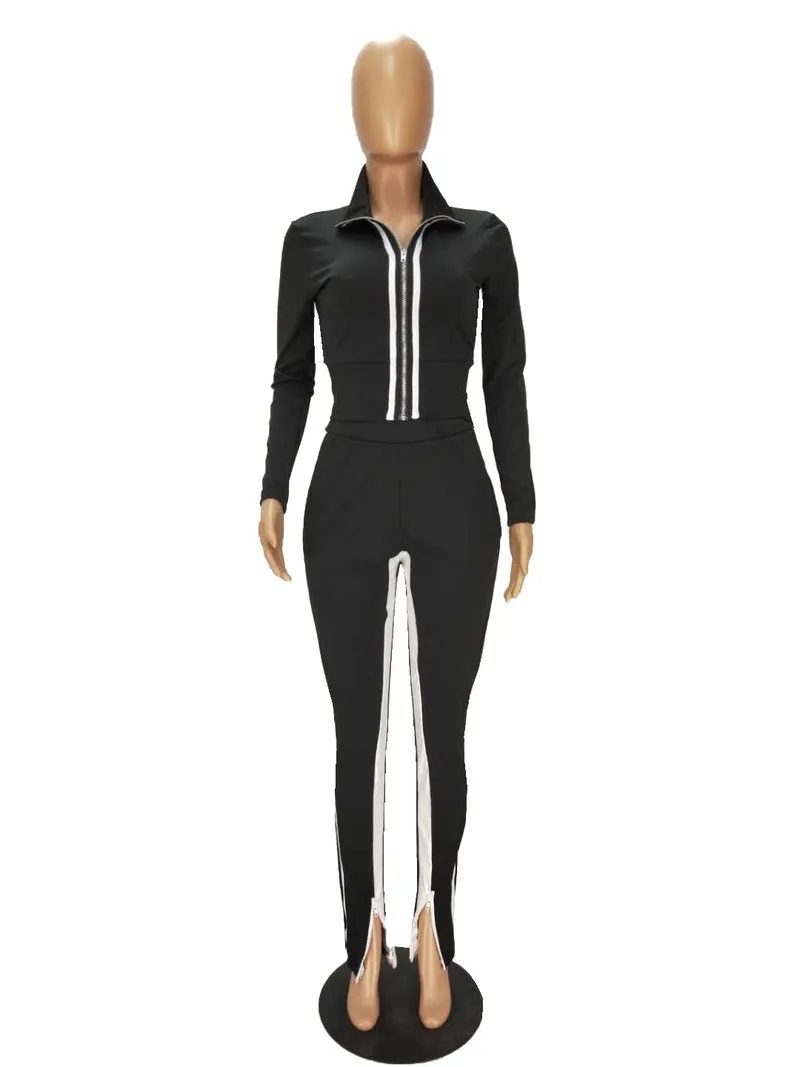 

Women Plus Size Tracksuit 2pcs Zipper Crop Top and Bodycon Split Pants Clubwear Autumn Female Patchwork Turtleneck Top Trousers