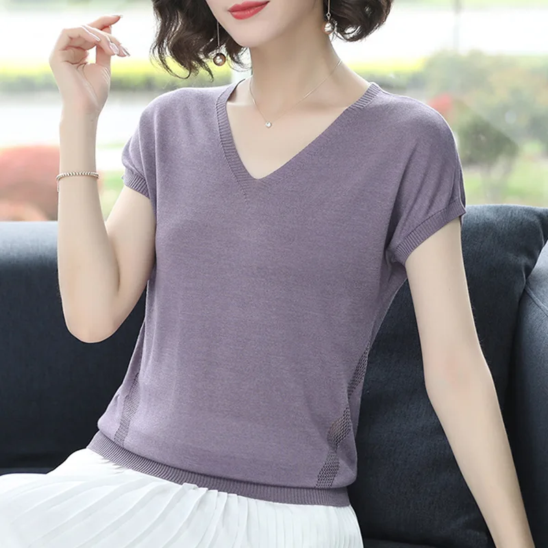 

5 Colors Women Summer Thin V-neck Purple Ice Silk Sweater T-shirt Elegant Ladies Short Sleeve Loose Knitwear Pullover Femme Tops