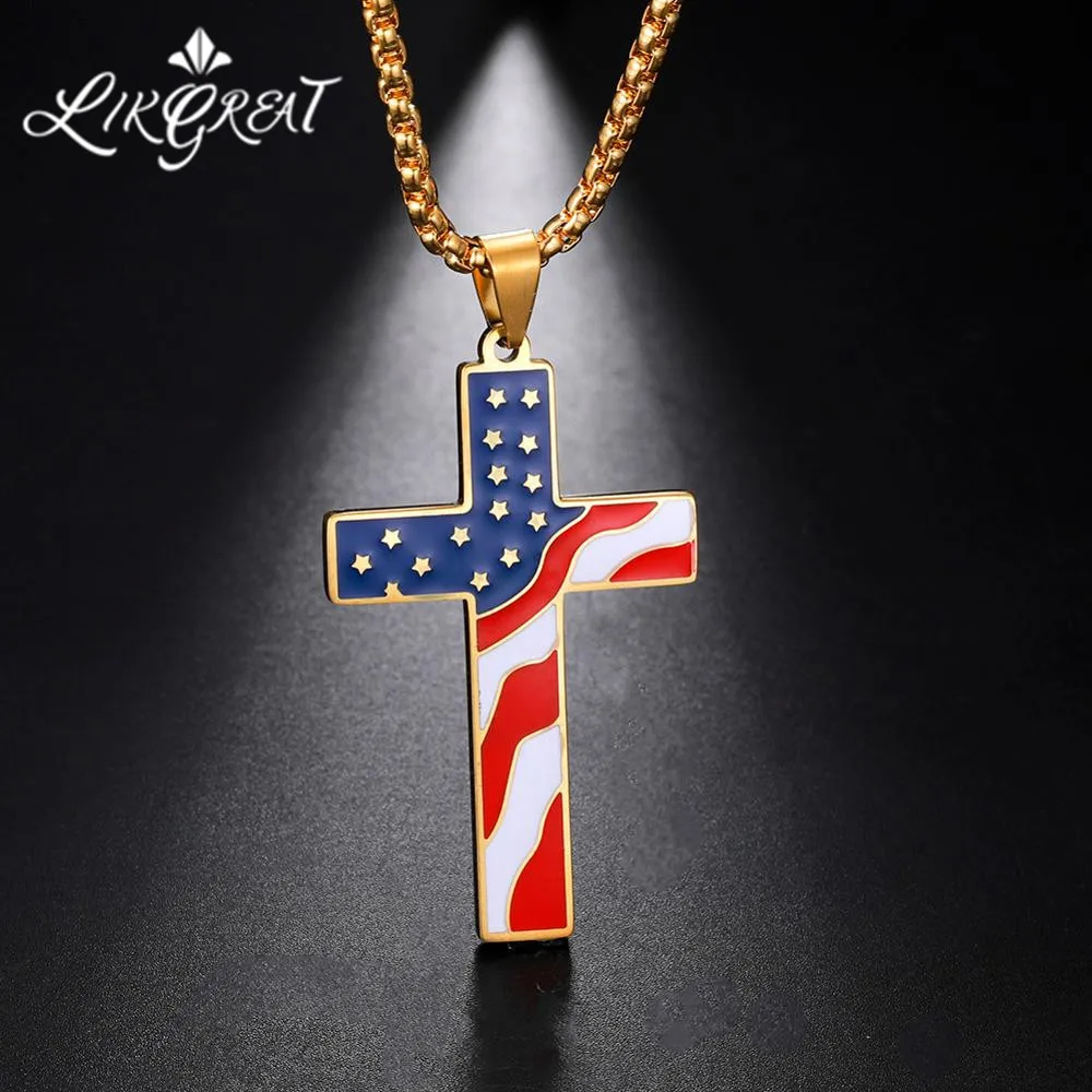 LIKGREAT ожерелье с крестом американским флагом США для мужчин и женщин ожерелья из