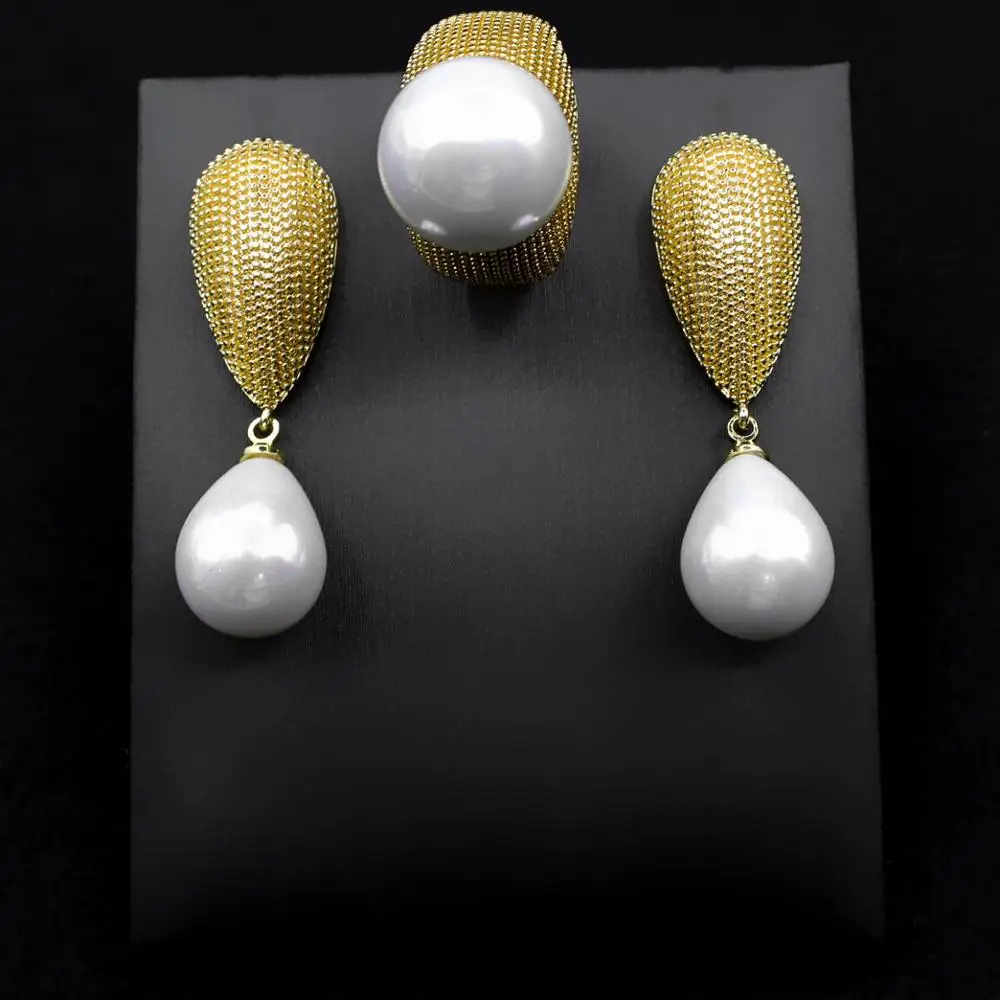 

Sederyla Trendy Luxury Pearl Drop Earrings Ring 2pcs Jewelry Sets for Women Floral Bridal Wedding Party Dress Daily Accessories