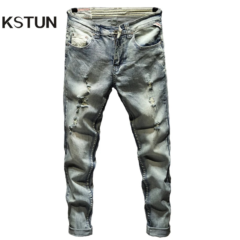 Мужские рваные джинсы синий стрейчевый облегающий весенне осенний джинсовый