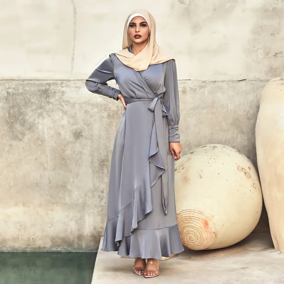 Мусульманские платья для женщин Средневосточный Арабский мусульманский женский наряд с V-образным вырезом кружевной Асимметричный сатино...