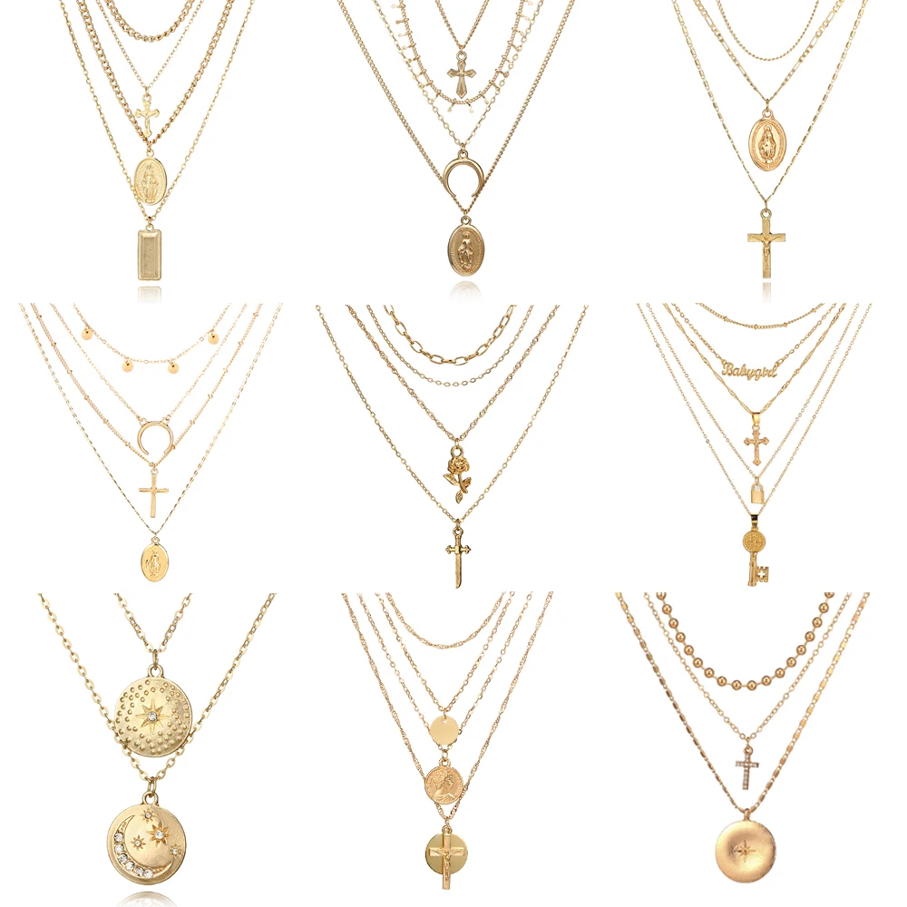 Docona 12 стилей многослойная Дева Мария Золотая подвеска ожерелье для женщин
