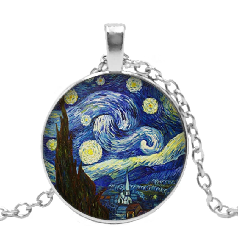 

Hot! New Hot Star Night Van Gogh Sunflower Oil Painting Round Glass Convex Round DIY Glass Dome Pendant Necklace